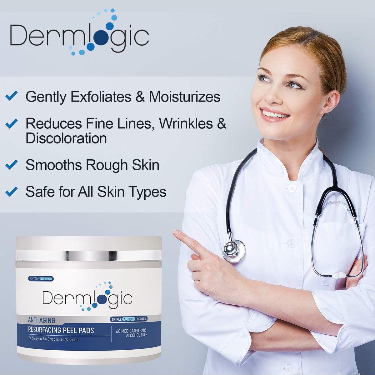 Anti Aging Resurfacing Peel Pads- Triple Action Chemical Peel Pads Combined with Glycolic, Lactic