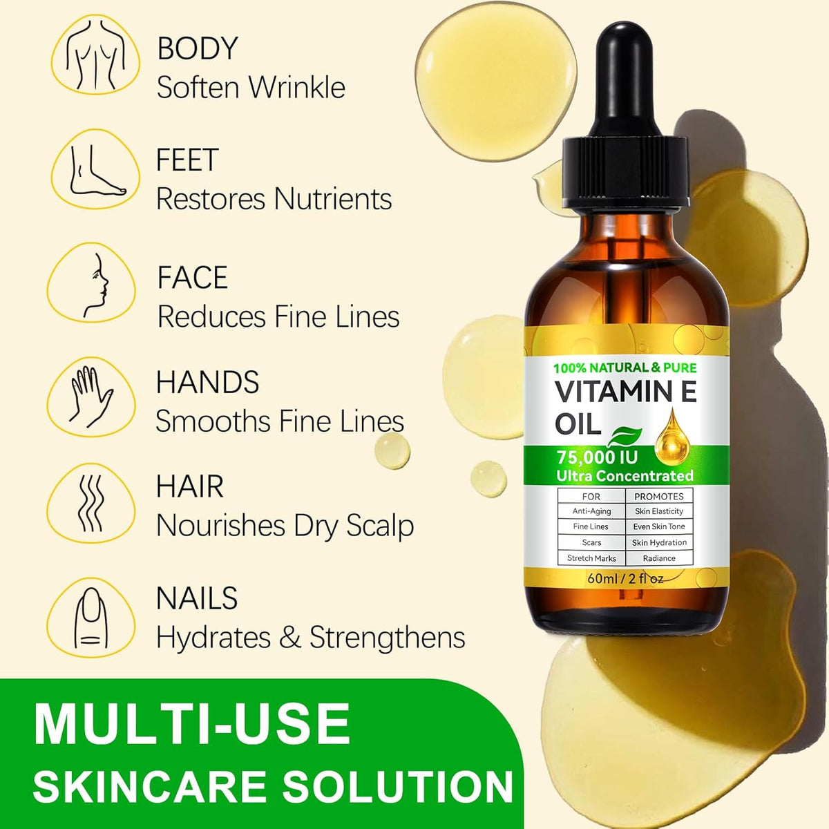 Vitamin E Oil for Skin 75,000 IU, 2Fl Oz Pure Vitamin e Oil for Scars, Hair, Face and Scalp