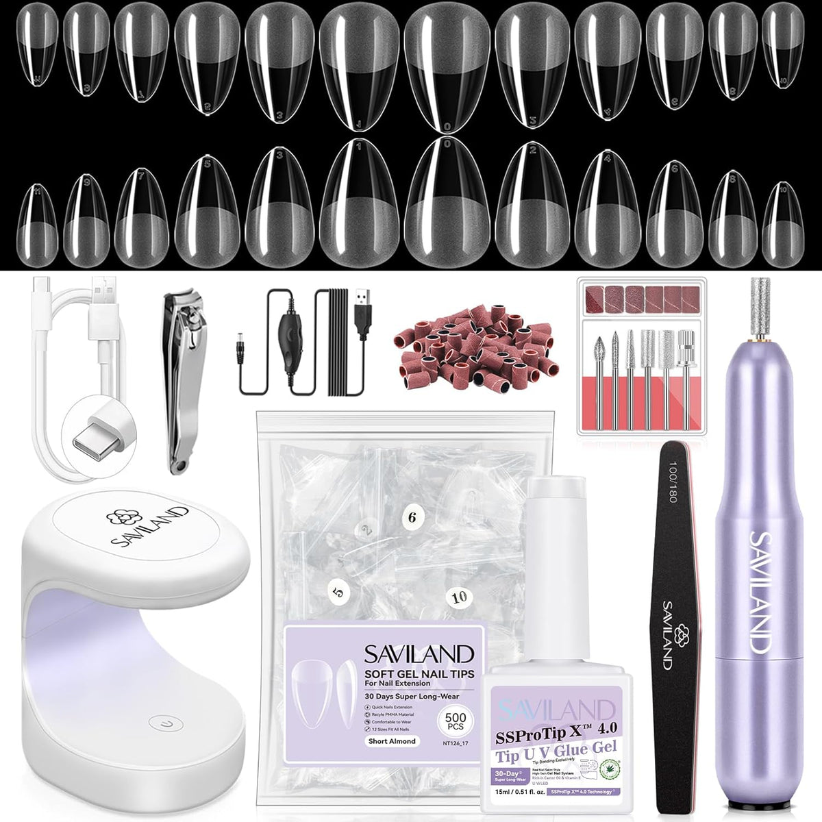 SAVILAND Pro Gel Nail Kit with Drill: Short Almond Tips 12 Sizes Gel Nail X Kit 500 PCS Strong Nail