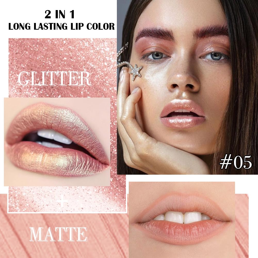 evpct Champagne Gold Metallic Glitter Lip Liner and Lipstick Combo Lip Gloss Stain Set Makeup for
