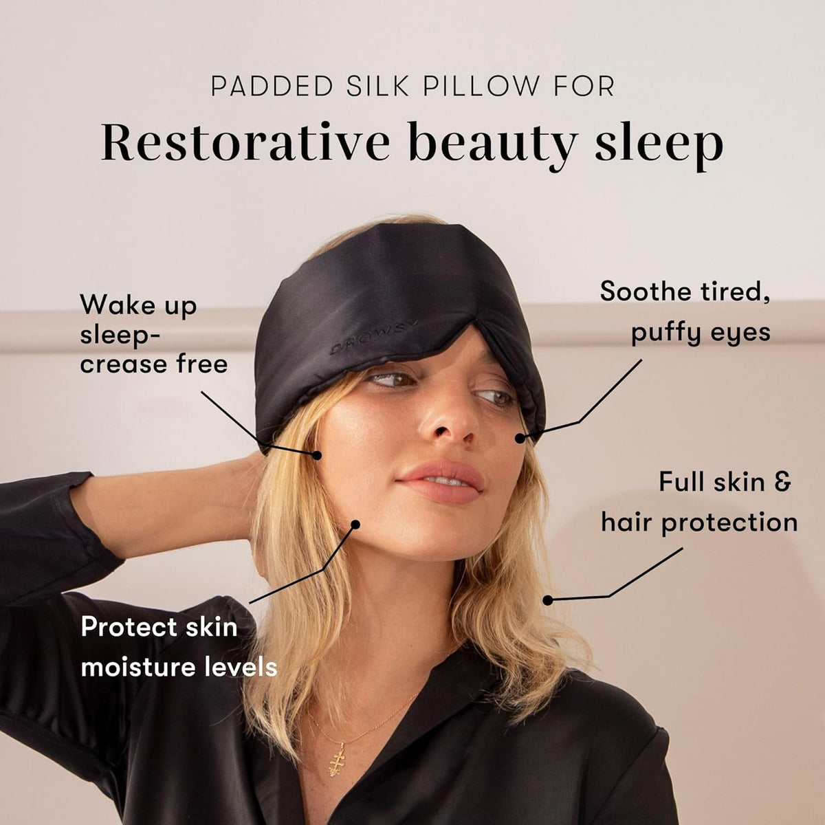 DROWSY Silk Sleep Mask. Face-Hugging, Padded Silk Cocoon for Luxury Sleep in Total Darkness. (Black