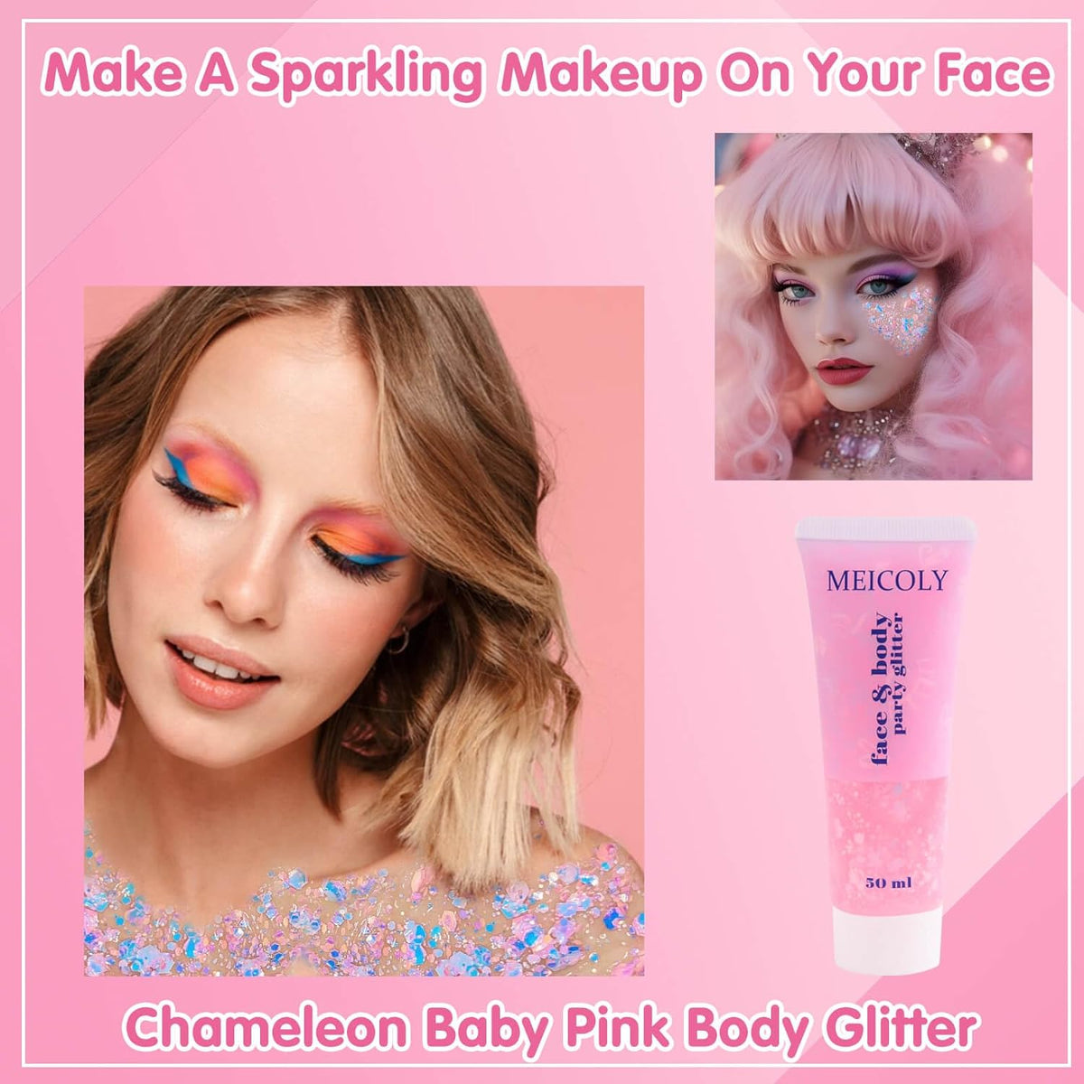 MEICOLY Chameleon Baby Pink Body Glitter,Pink Turn to Purple Face Glitter Paint,Color Changing