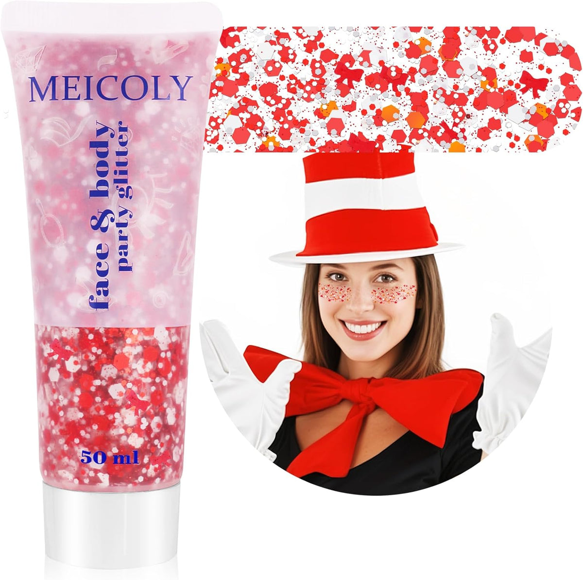 MEICOLY Red and White Face Body Glitter for Reading Week World Book Day,Cat Costume for Kids Girls