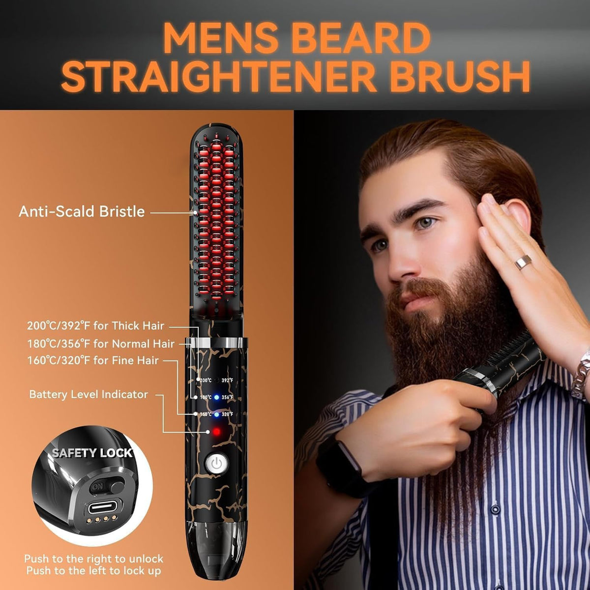 Beard Straightener for Men, Cordless Beard Heated Brush and Hair Straightener Hot Comb with 3 Temp