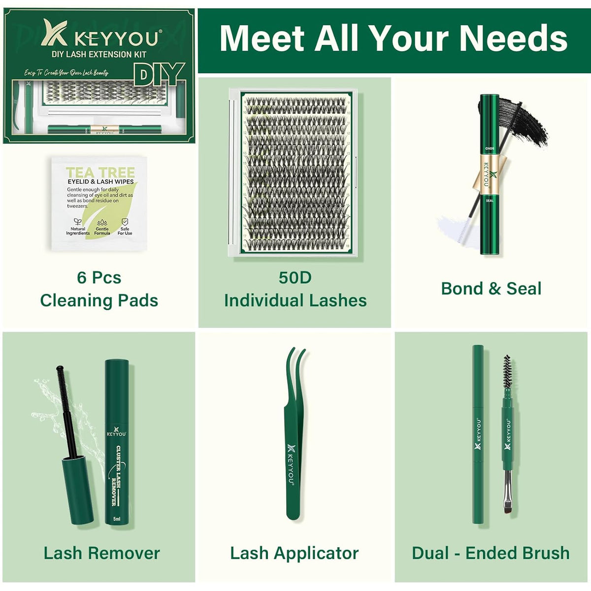 KEYYOU Lash Extension Kit DIY 300Pcs Lash Clusters Eyelash Extension Kit 50D D Curl 9-18MIX Lash