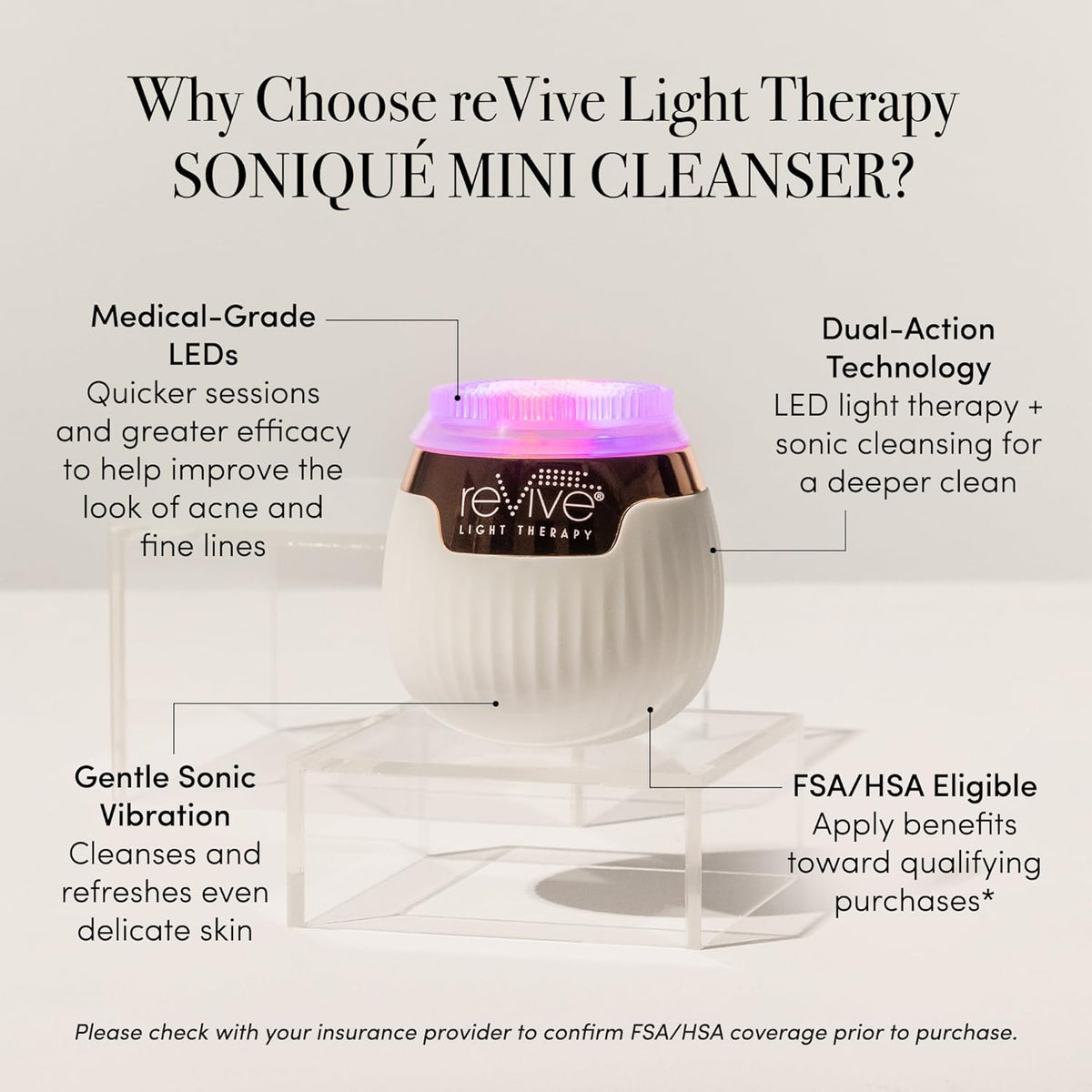 Revive Light Therapy Lux Collection Soniqué Mini, Rechargeable Sonic Face Cleanser Brush with