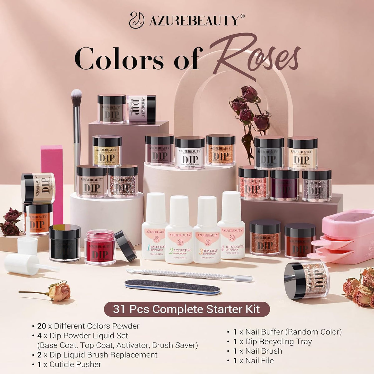AZUREBEAUTY Fall Dip Powder Nail Kit 20 Colors Glitter Nude Black Grey Winter 31 Pcs Dip Powder