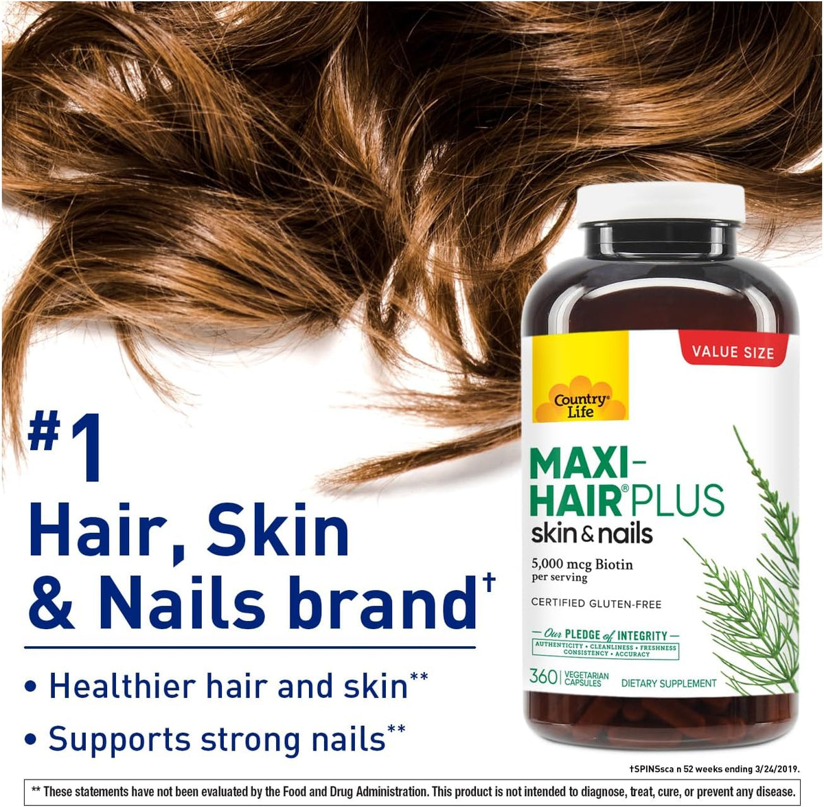 Country Life Maxi-Hair Plus 5000 mcg Biotin, 360 Capsules, Certified Gluten Free, Certified