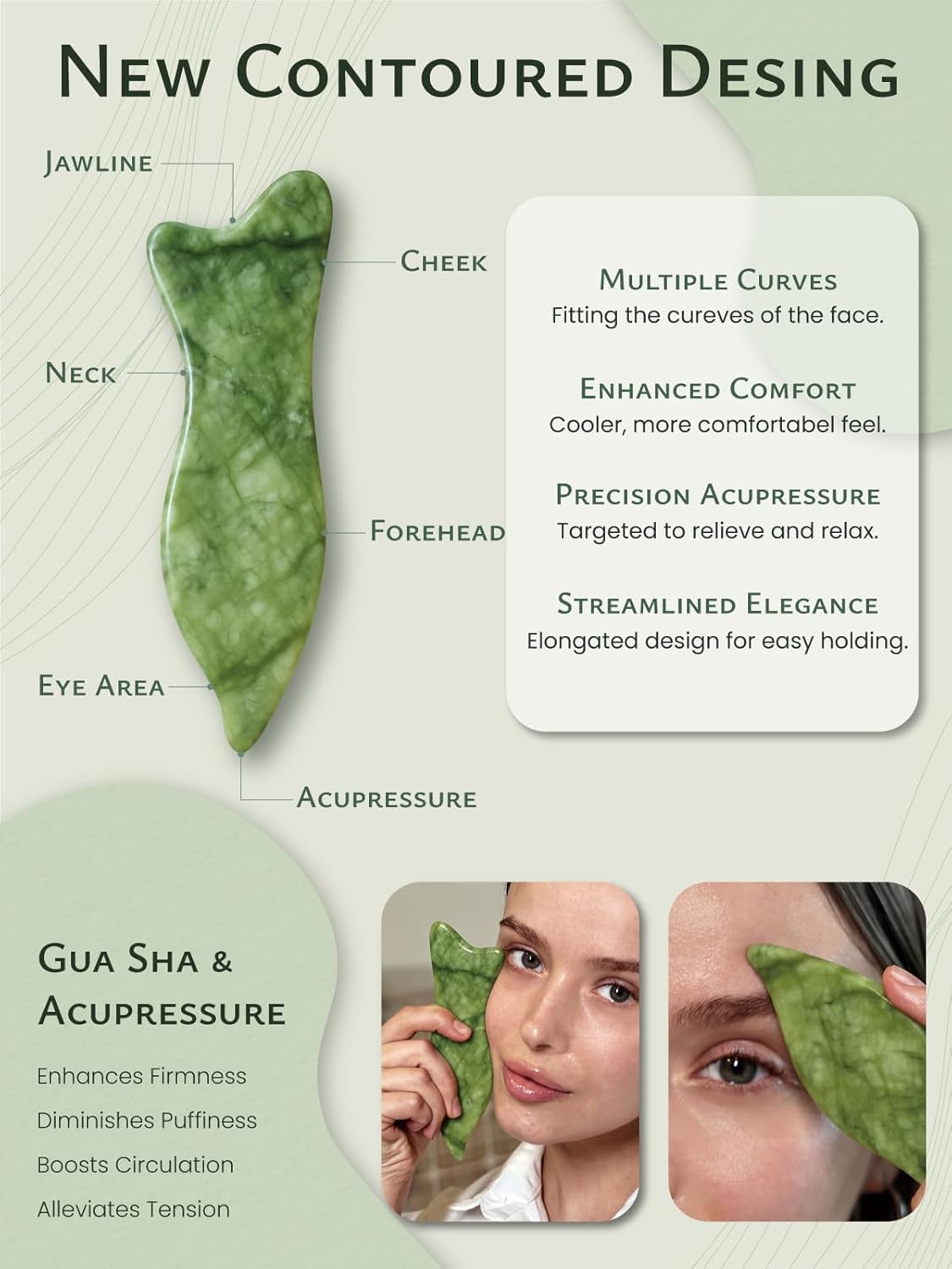 Rena Chris Natural Jade Gua Sha Facial Tools - Acupressure & Gua Sha for Face Massage, Jawline