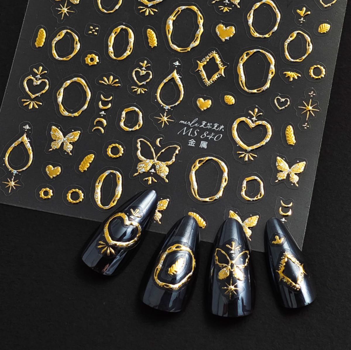 Gold Nail Art Stickers Butterfly Heart Nail Decals with Golden Design 5D Embossed Self Adhesive