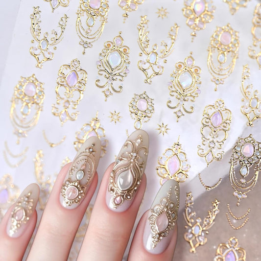 1 Sheet 5D Self-Adhesive Gem Nail Stickers Vintage Style Totem Nail Supplies 5D Embossed Gold