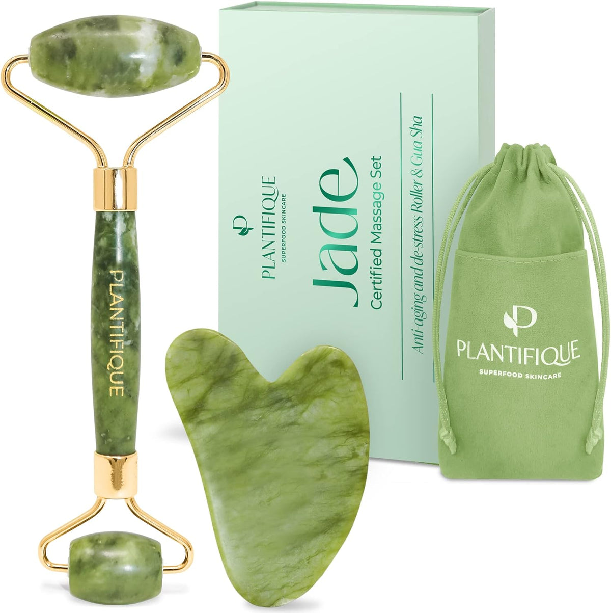 PLANTIFIQUE Jade Roller & Gua Sha Set – Real Jade Facial Tools for Skin Care Routine – Certified