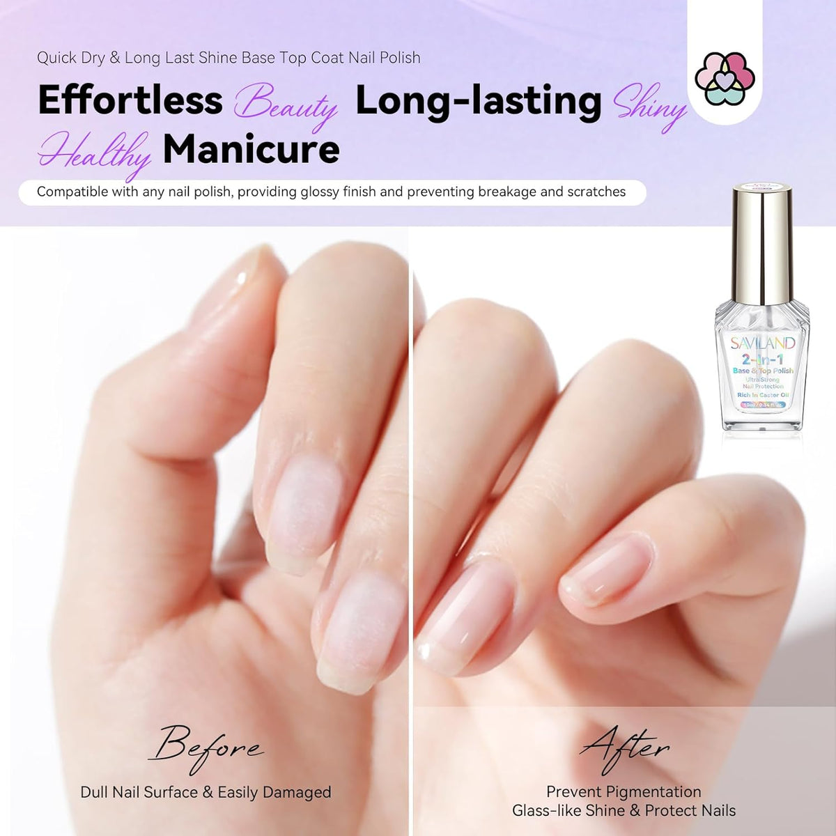 SAVILAND Clear Nail Polish Base Top Coat: 2 in 1 Quick Dry Nail Polish Long Lasting Fingernail Toe