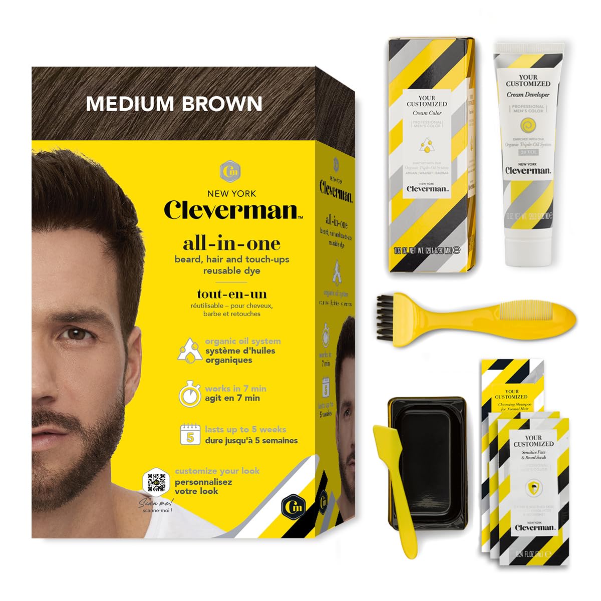 Cleverman Medium Brown Hair & Beard Dye for Men, All-in-One Reusable Kit - Mens Color For