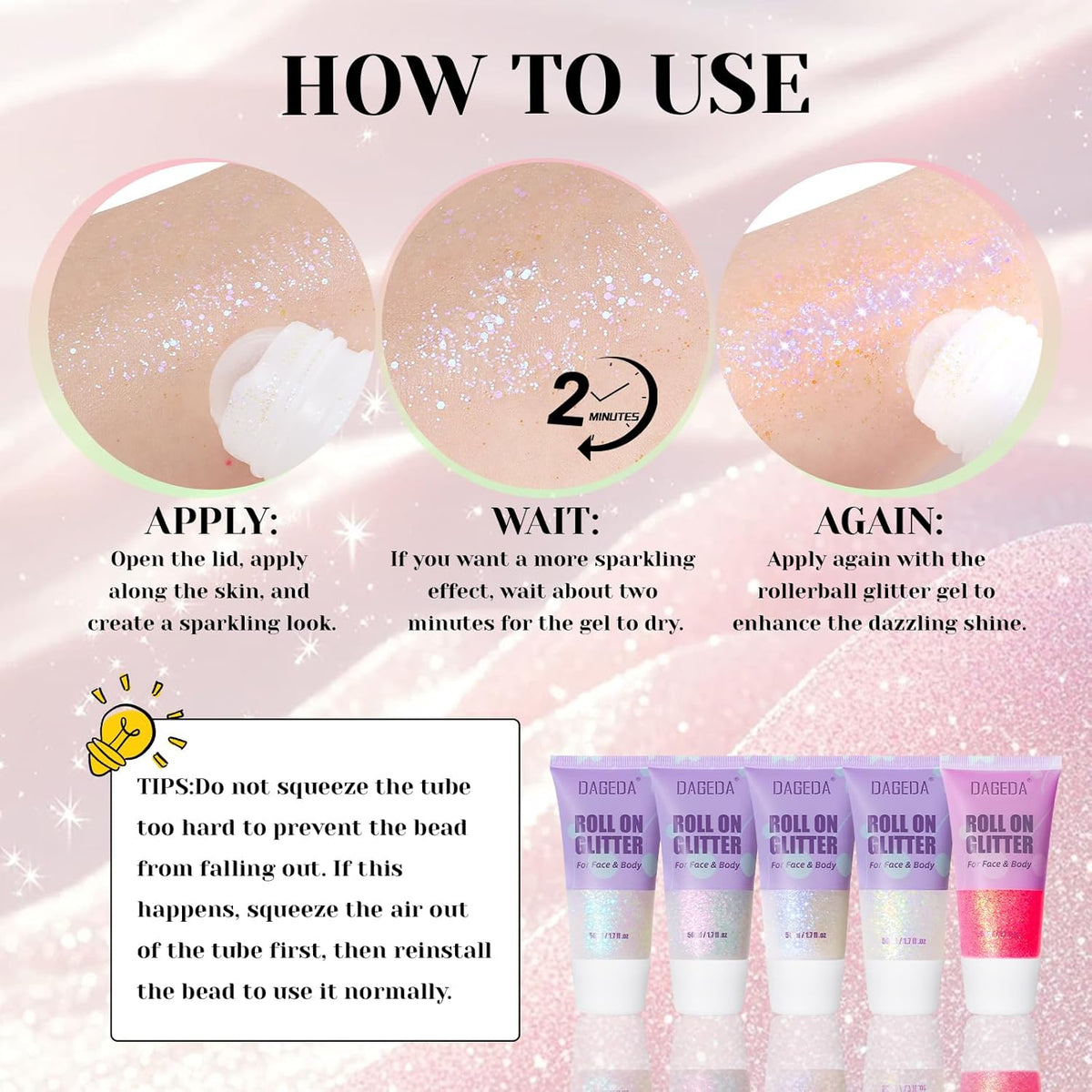 DAGEDA Roll-on Body Glitter,Holographic Eye Face Hair Glitter Gel for Festival Outfit Mermaid