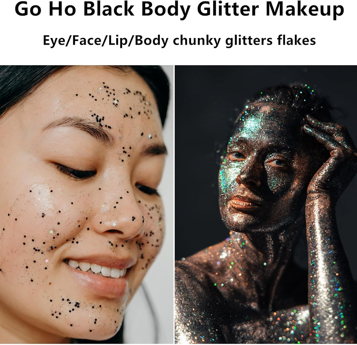 Go Ho Black Face Body Glitter,Halloween Face Paint Glitter Makeup,Holographic Chunky Sequins
