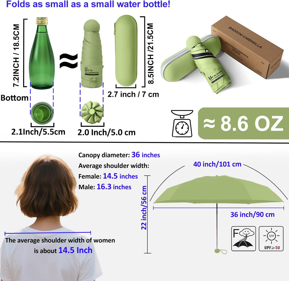 BAODINI Travel Essentials Mini Umbrella for Purse With Case Small Compact UV Sun Protection