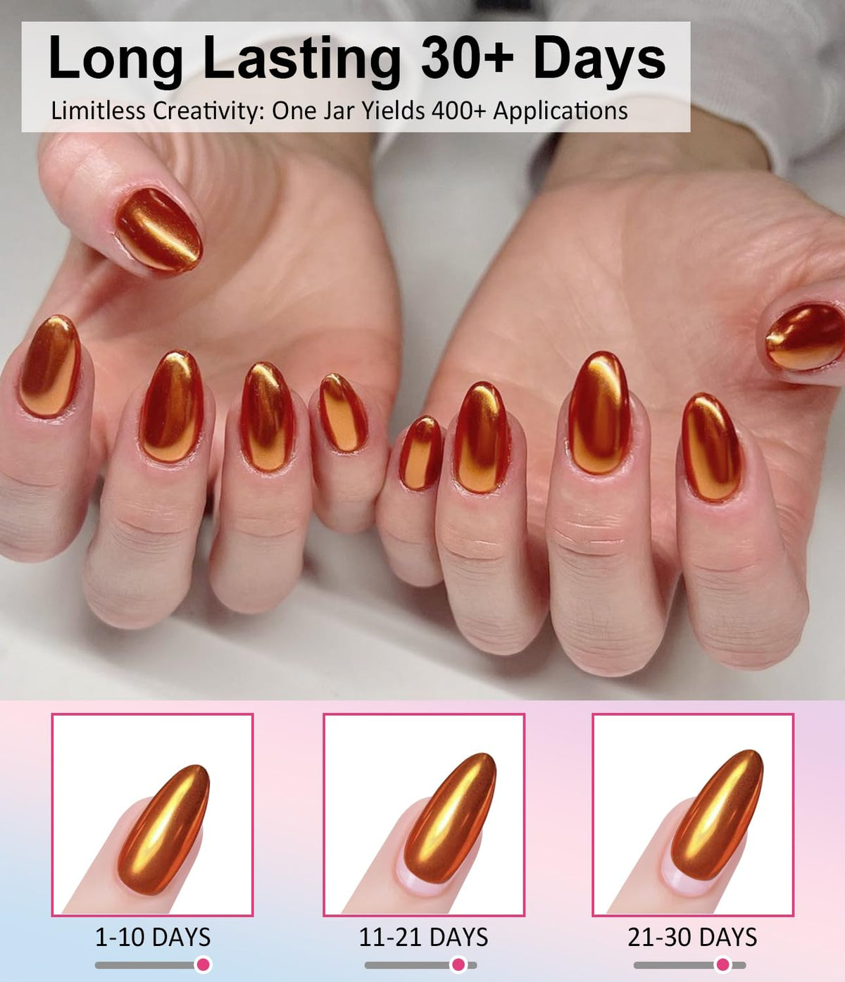 2 PCS Chrome Nail Powder：Mirror Effect Copper Chrome Nail Powder,Metallic Mirror Orange Chrome Nail