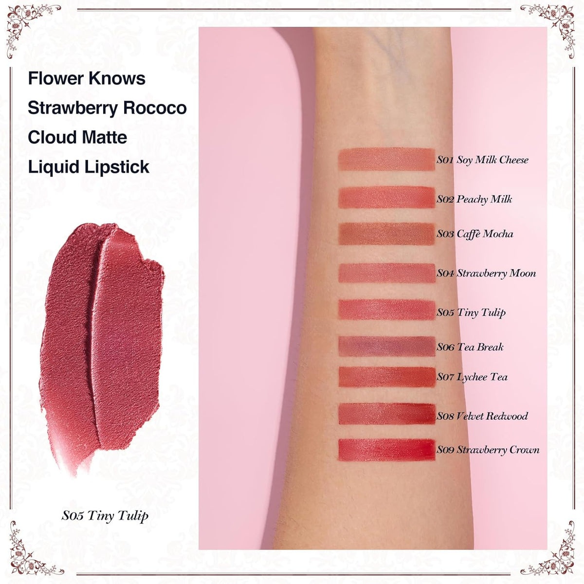 Flower Knows Strawberry Rococo Cloud Lip Cream,Velvety Matte Liquid Lipstick,Pink Lipstick,Long