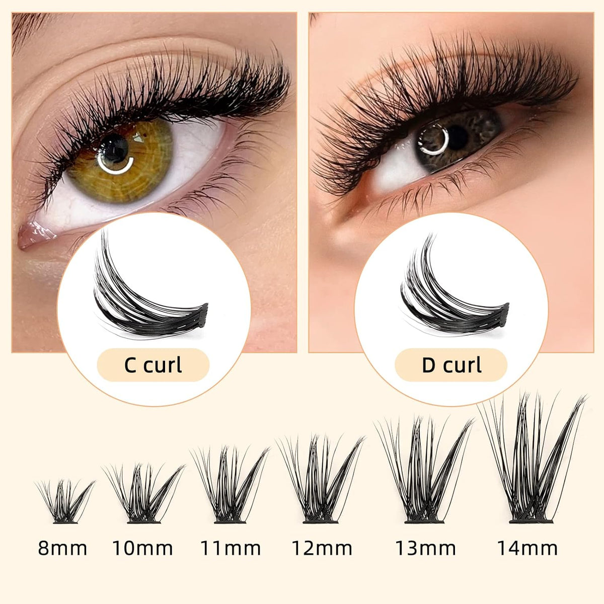 QUEWEL Cluster Lashes 240Pcs Individual Lashes 40D+50D C Curl Mix8-14mm Lash Extensions Clusters