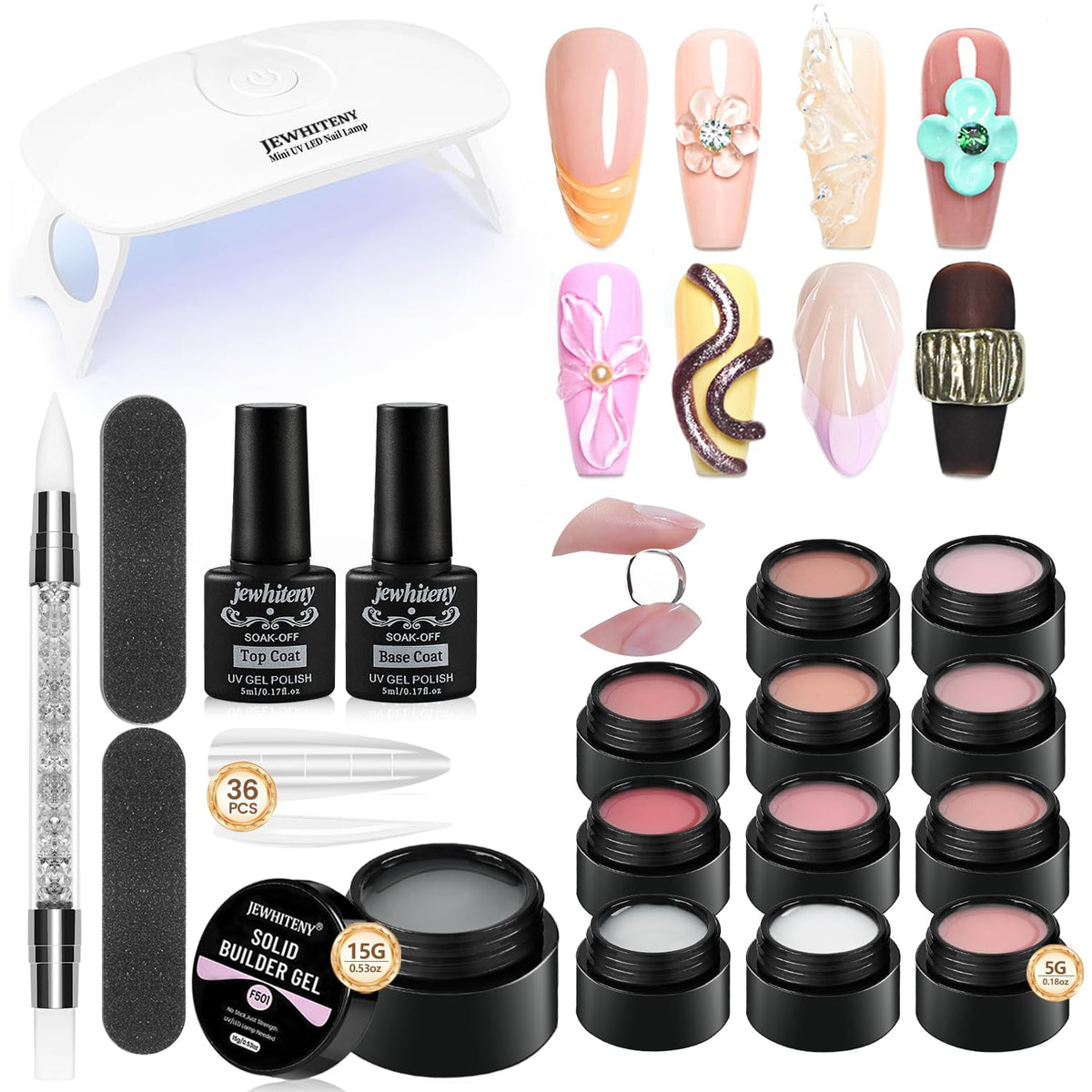 JEWHITENY 12 Colors Non-Sticky Solid Builder Gel Kit:3D Sculpting Gel with Mini U V Nail Lamp for