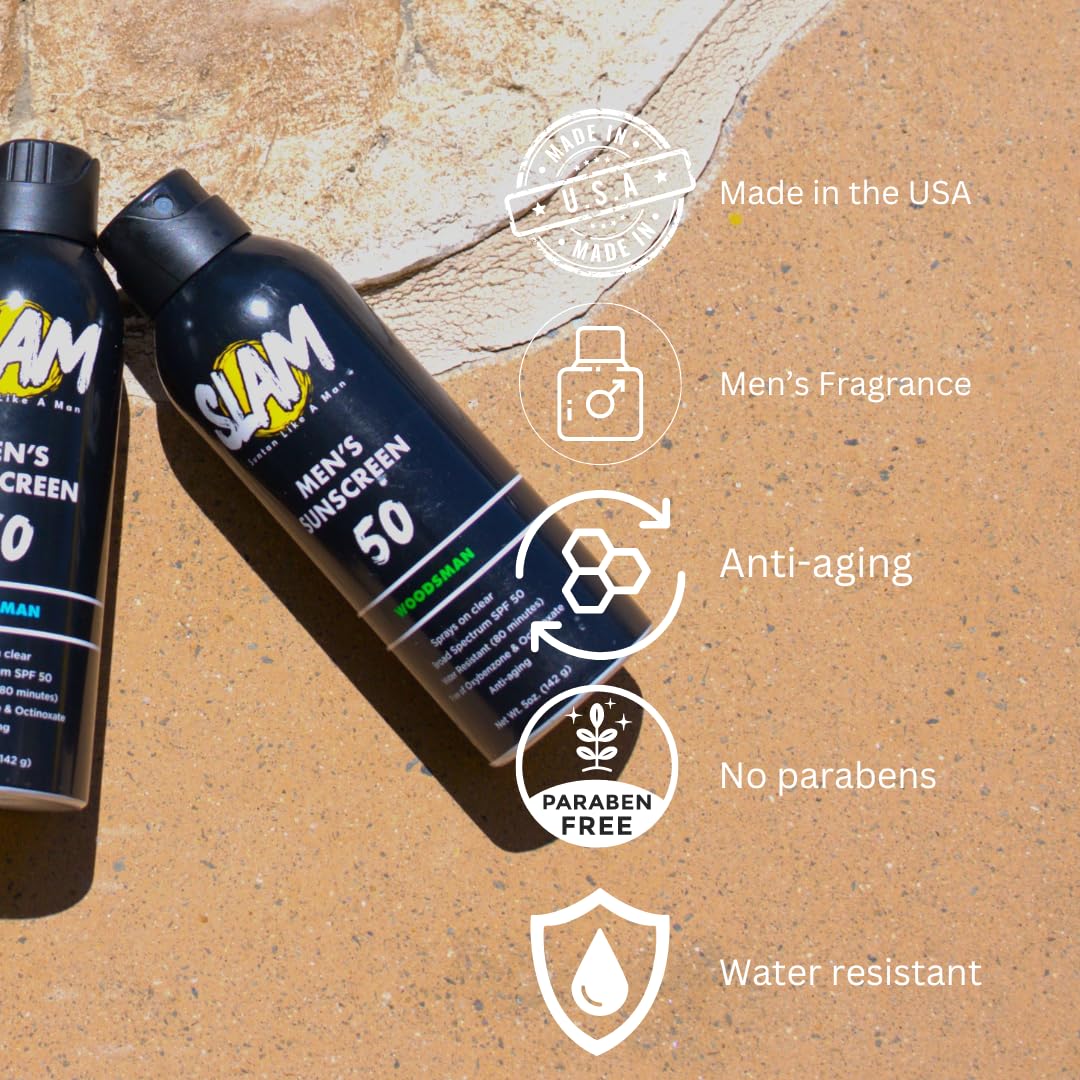 SLAM WoodsMan Men's Scented Sunscreen Spray SPF 50 – Broad Spectrum Sun Screen for Face & Body