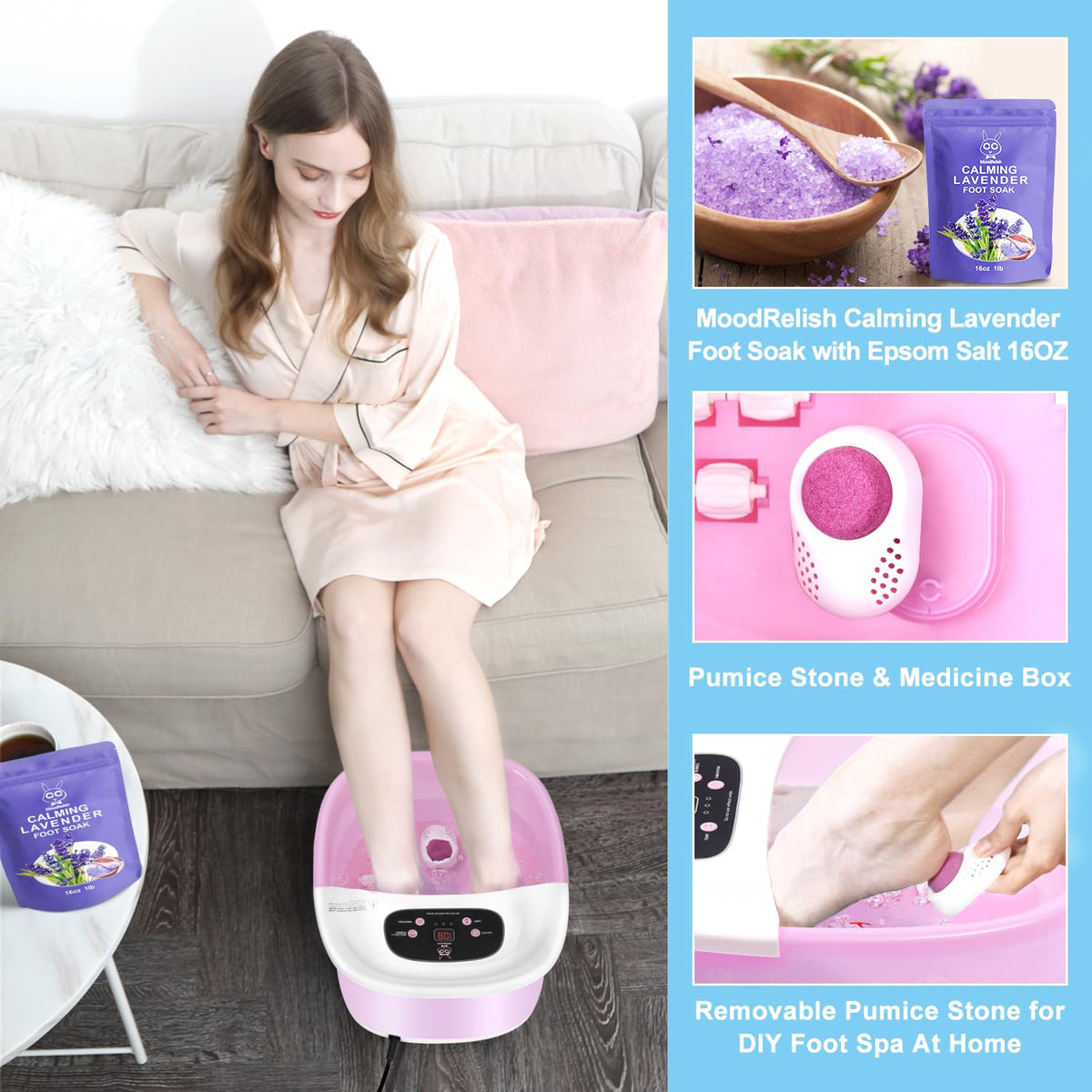 Foot Spa Bath Massager with Heat Bubbles and Vibration Massage and Jets, 16 OZ Calming Lavender