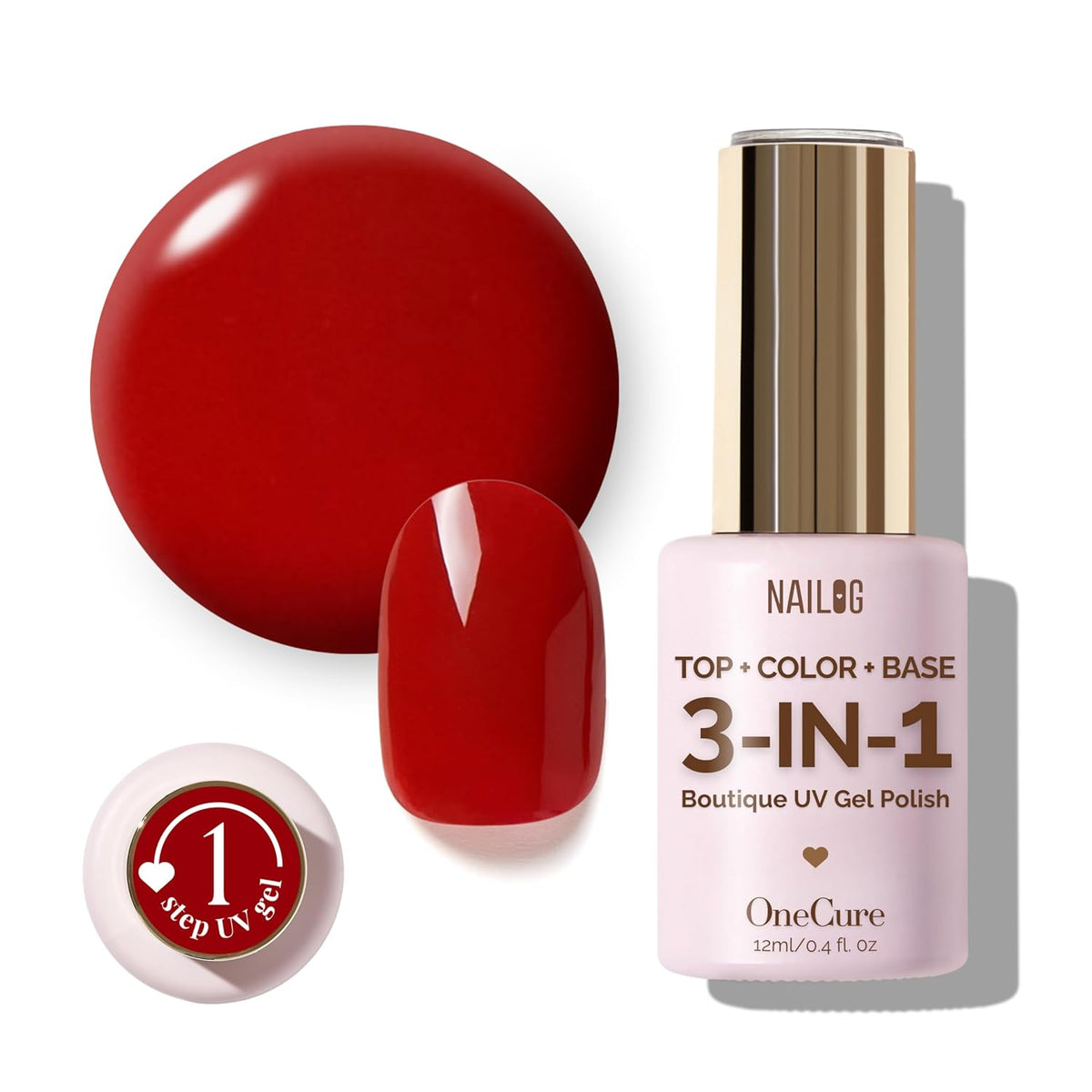 NAILOG One Step Red Gel Nail Polish 12ml Top Coat Color Gel Base 3-In-1 Formula Soak Off UV Gel