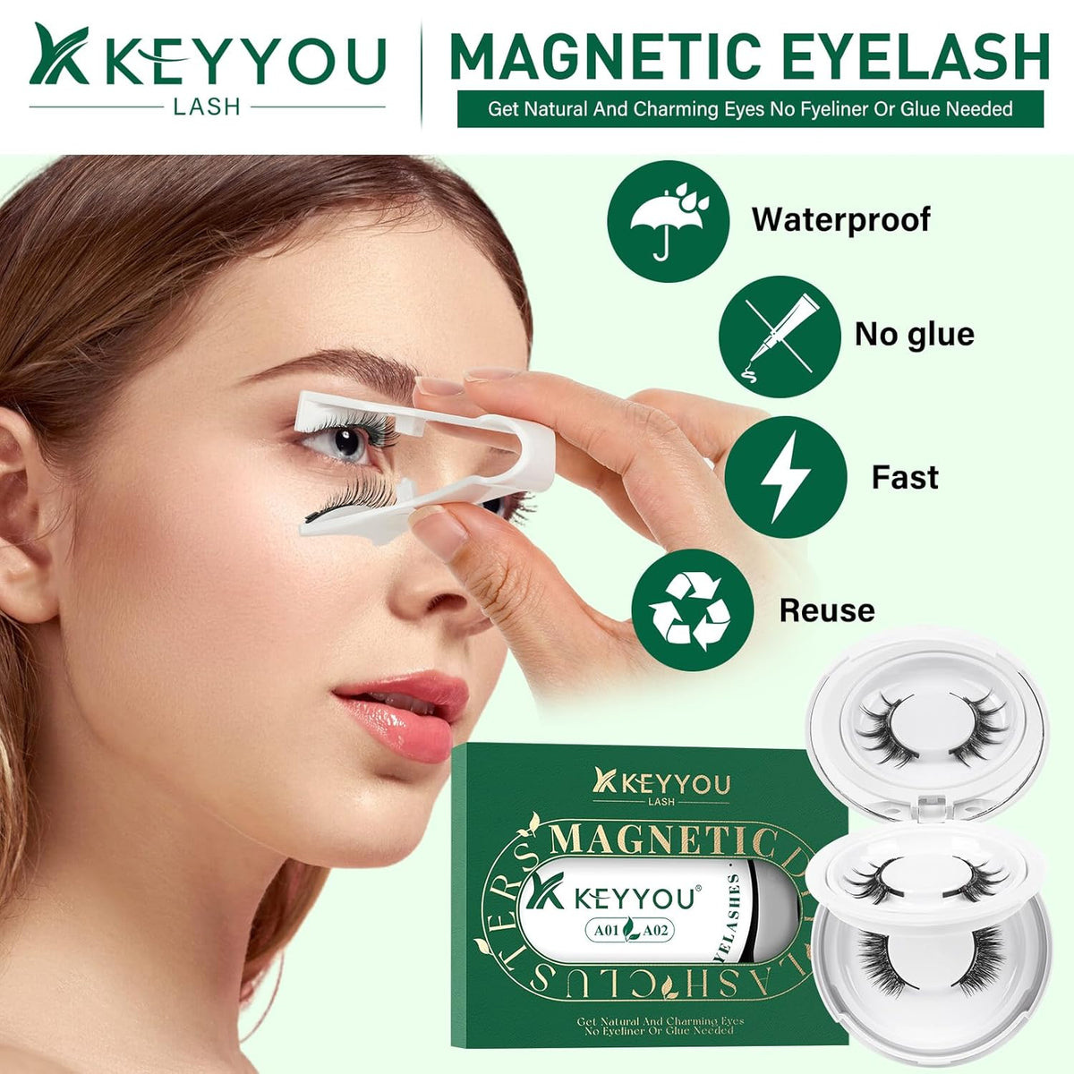 KEYYOU Reusable Magnetic Eyelashes 2 Pair with Applicator No Glue Needed 3D Natural Magnetic