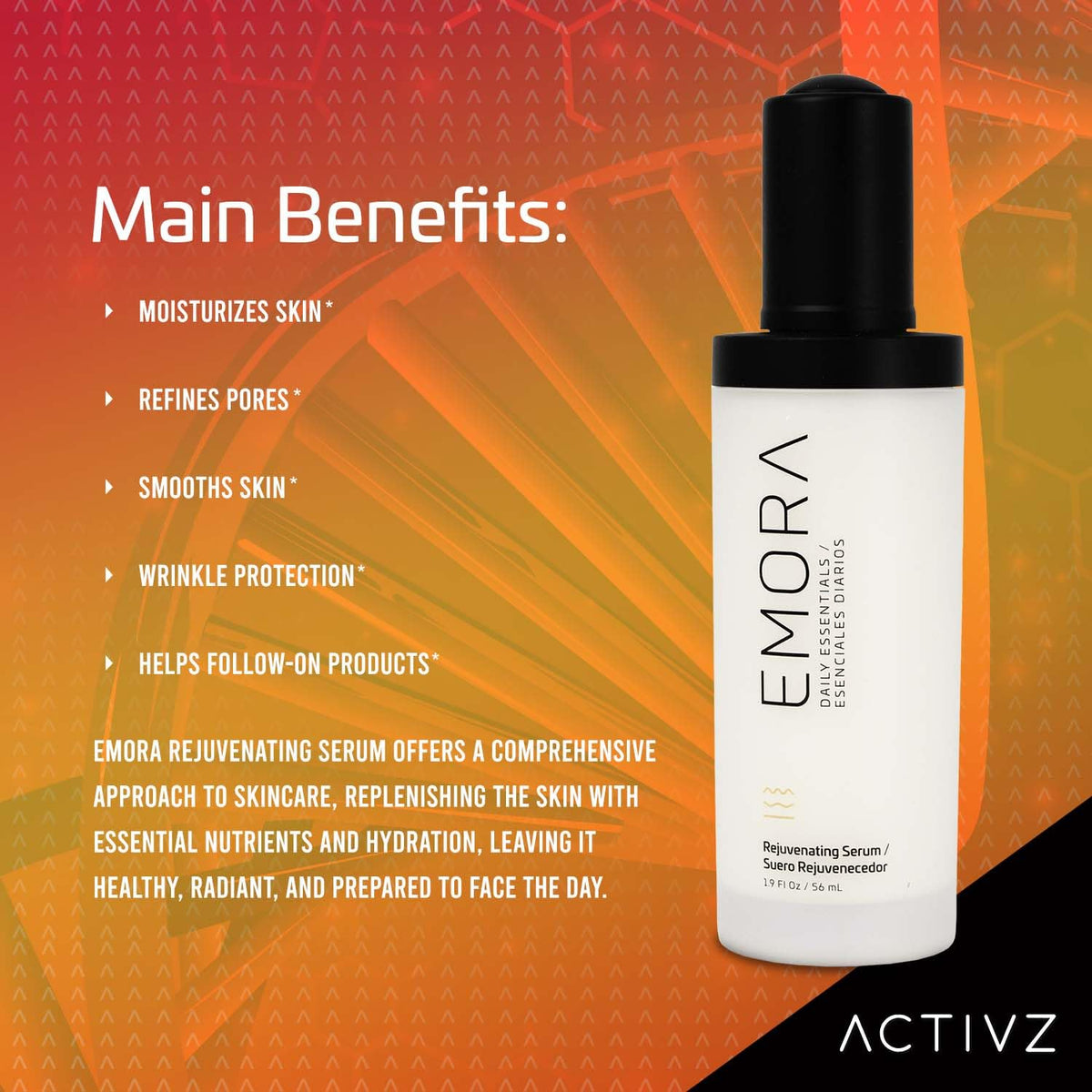 ACTIVZ Emora Rejuvenating Serum - Nourishes, Tones, Renews Skin with Saccharomyces Ferment, Rosa