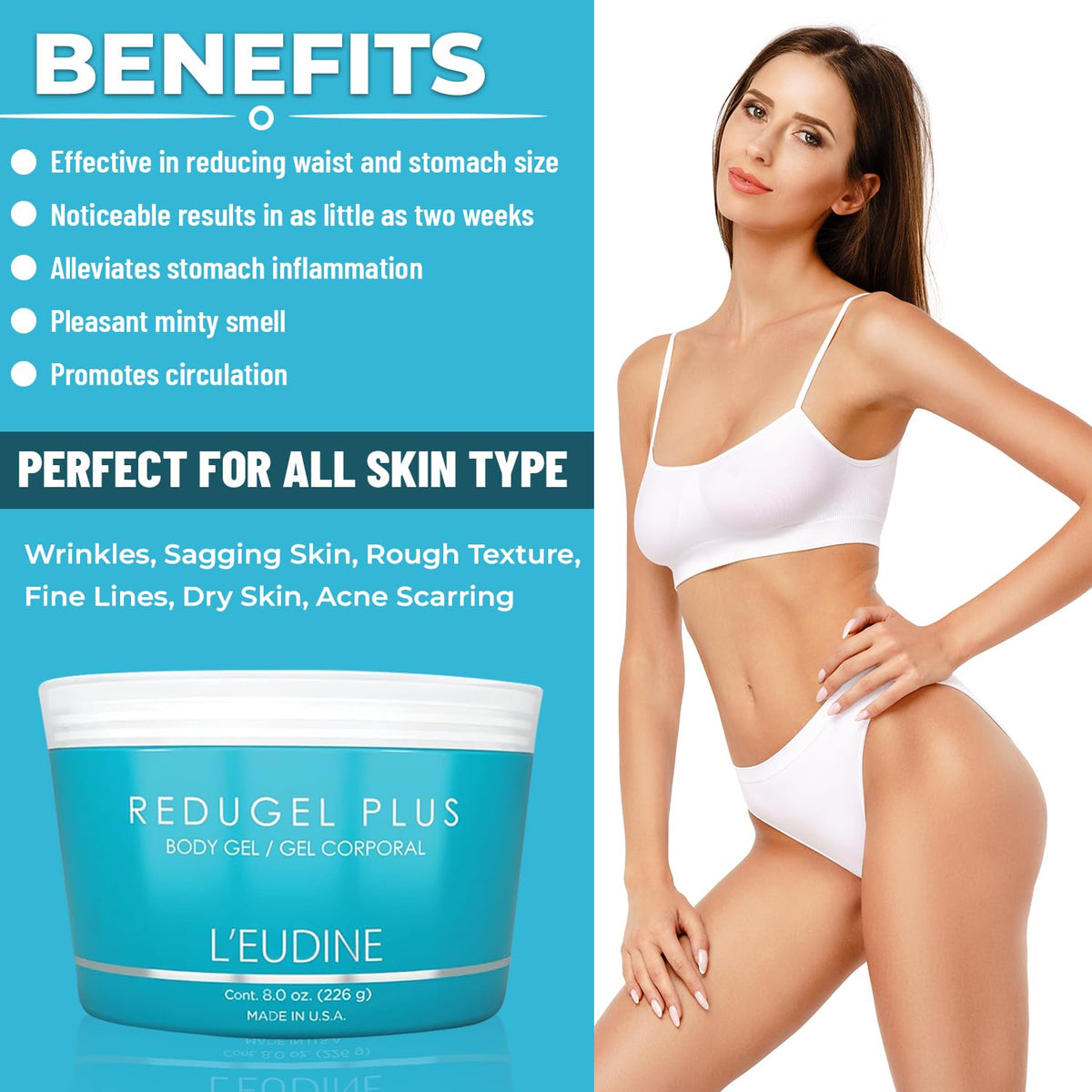 L’EUDINE Redugel Plus Skin Tightening Cream for Body, Firming Cream with Mint Oil, Field Horsetail