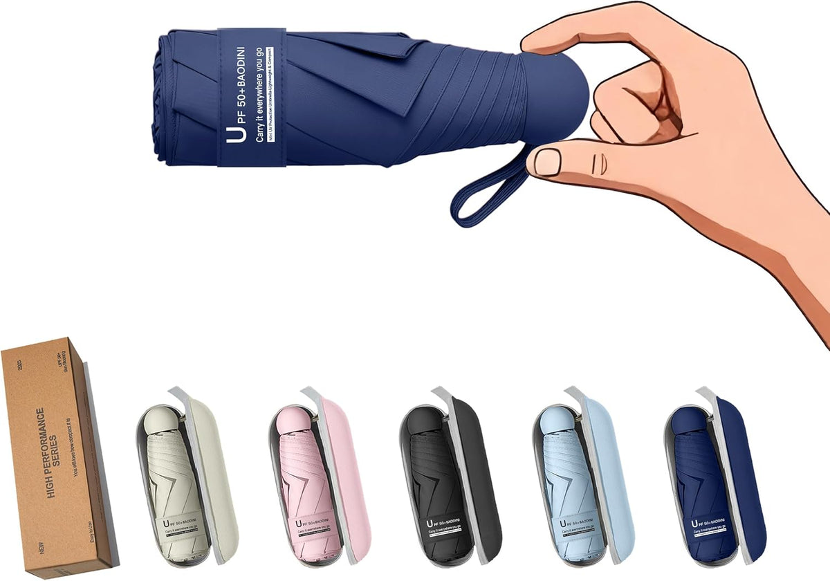 BAODINI Travel Essentials Mini Umbrella for Purse With Case Small Compact UV Sun Protection