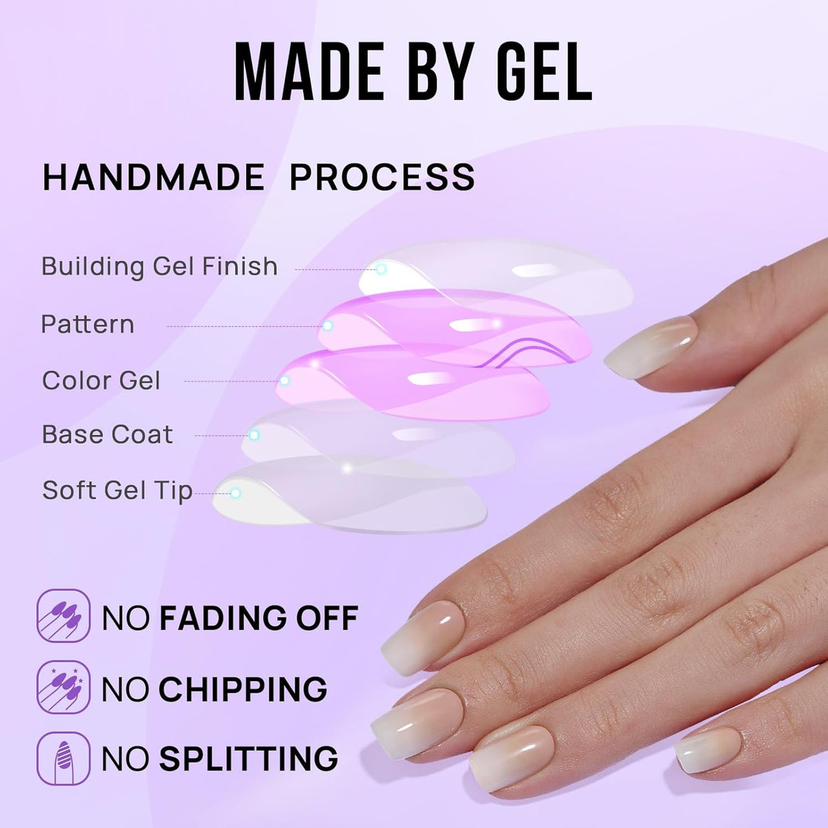 BTArtbox Square Ombre Press On Nails -Soft Gel Press On Nails Short with Nail Glue, 15 Sizes - 30