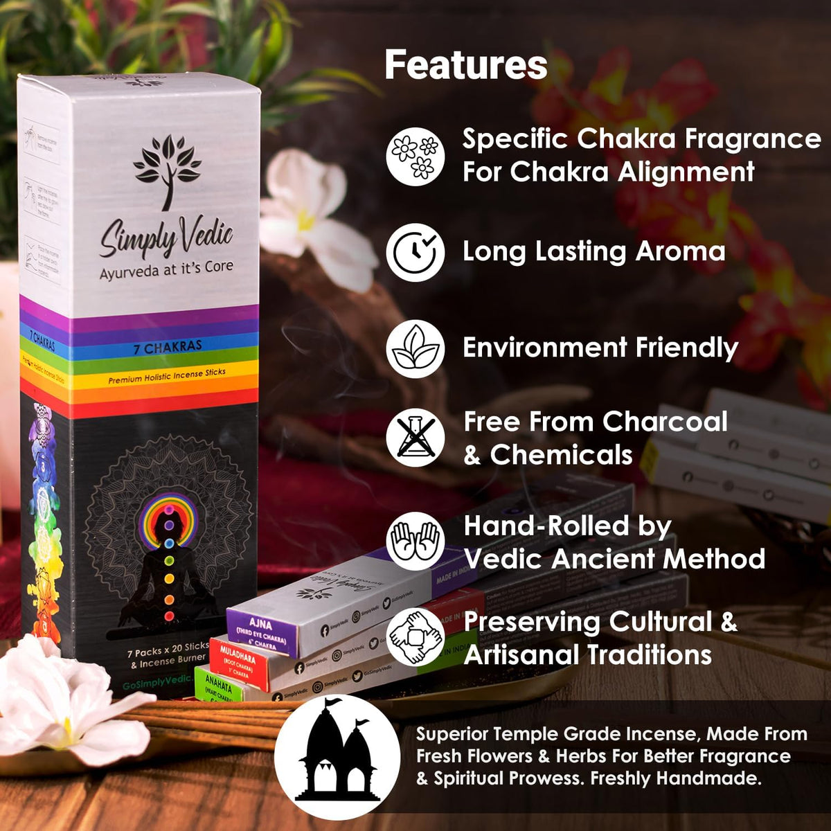 7 Chakra Incense Sticks, Aromatic Bliss for Balance & Healing| Handcrafted 140 Sticks with Pure