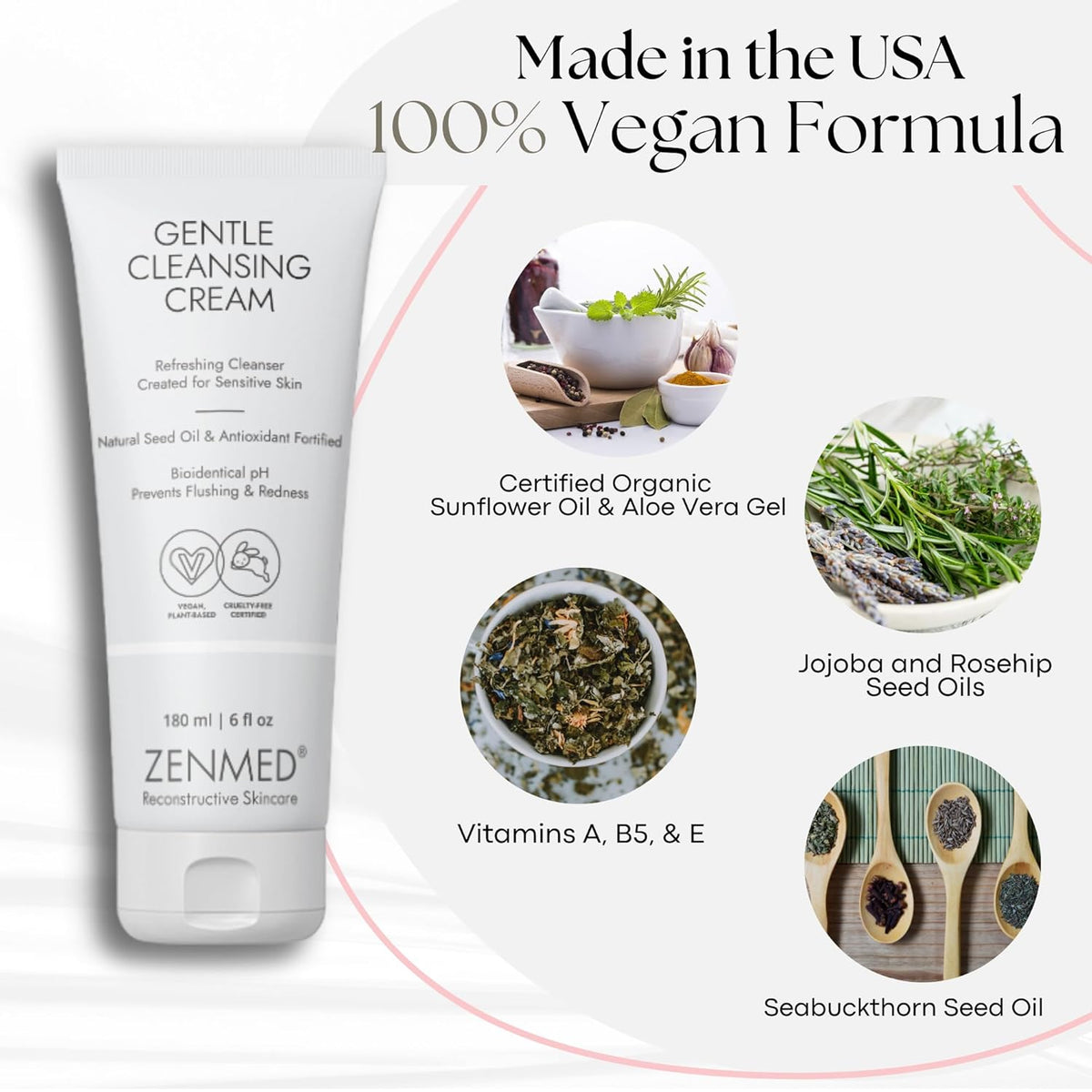 ZENMED Gentle Cleansing Cream - 6 oz. 100% Vegetarian Natural See Oil & Antioxidant Fortified Help