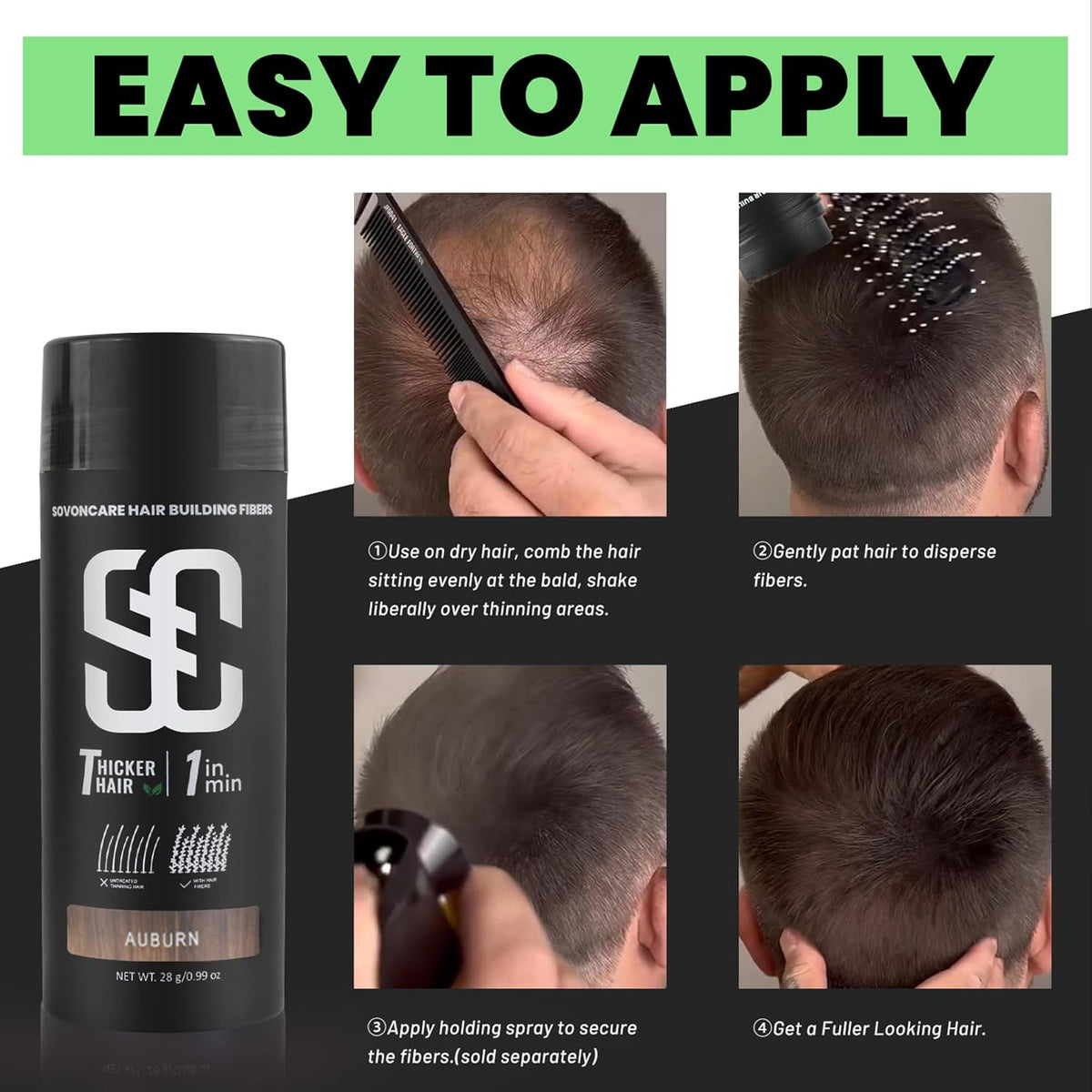 SOVONCARE Hair Fibers for Thinning Hair Auburn, Hair Building Fibers for Bald Spots Undetectable &