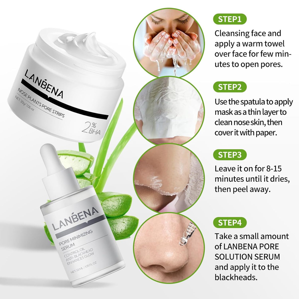 LANBENA 3 in 1 Blackhead Removing Set, Pore Strips+Pore Solution Serum+Removal Strip Paper, Black