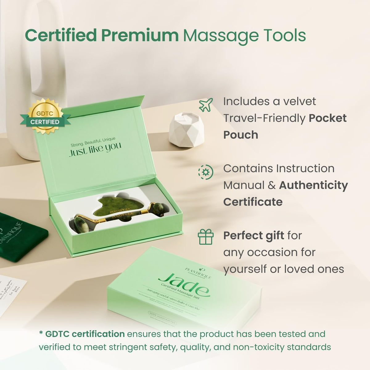 PLANTIFIQUE Jade Roller & Gua Sha Set – Real Jade Facial Tools for Skin Care Routine – Certified