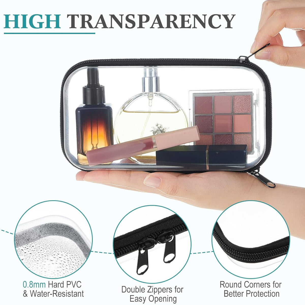Hoolerry 3 Pcs Clear Hard Zipper Case Plastic Pouch Transparent Hard Case Clear Makeup Bag Portable