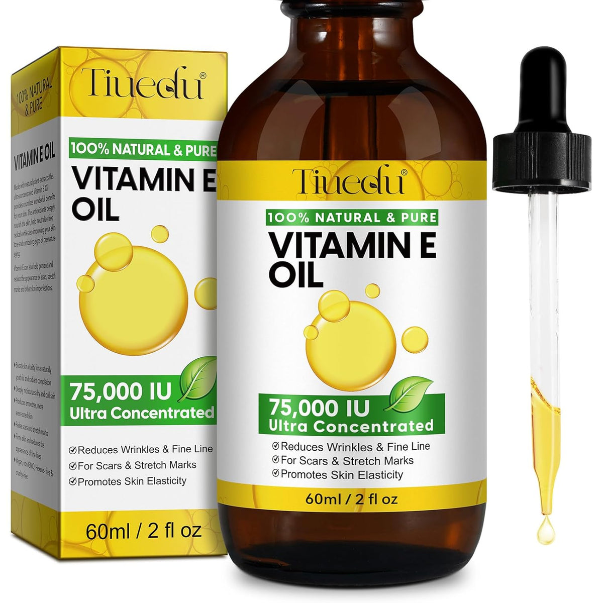 Tiuedu Natural Vitamin E Oil for Skin, 75,000 IU Ultra Concentrated Vitamin E Oil for Face, Hair