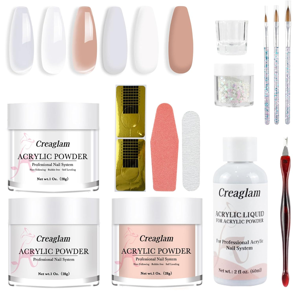 Acrylic Nail Kit for Beginners: 3 Colors 28g Nude Clear White Acrylic Nail Powder Professional Gel