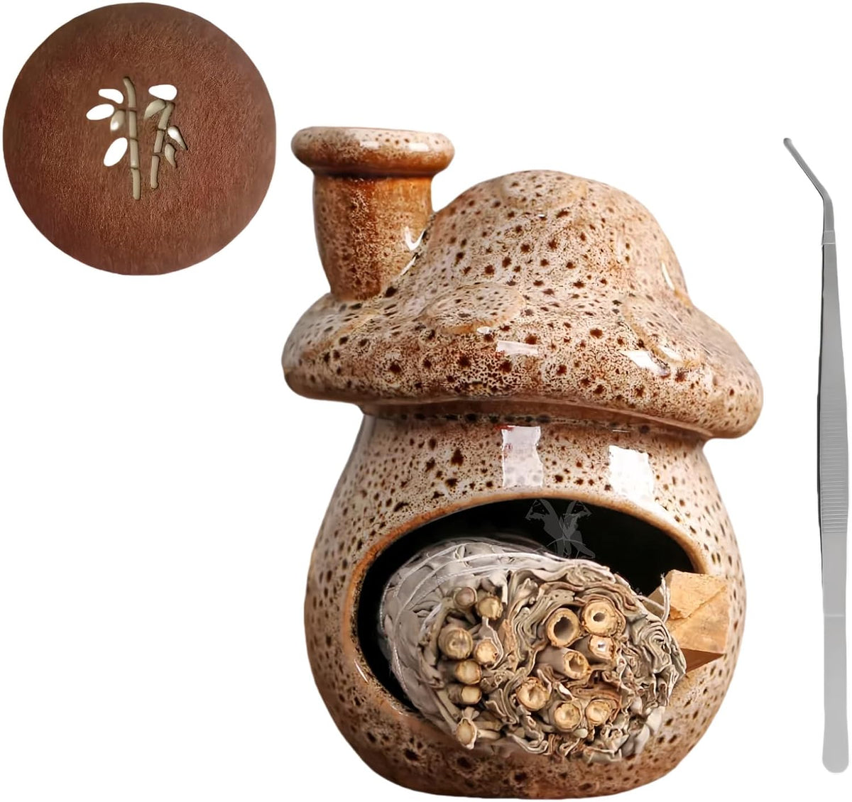 Mushroom Incense Holder, Brown Ceramic Palo Santo Holder Burner & Sage Holder - Mini Tabletop