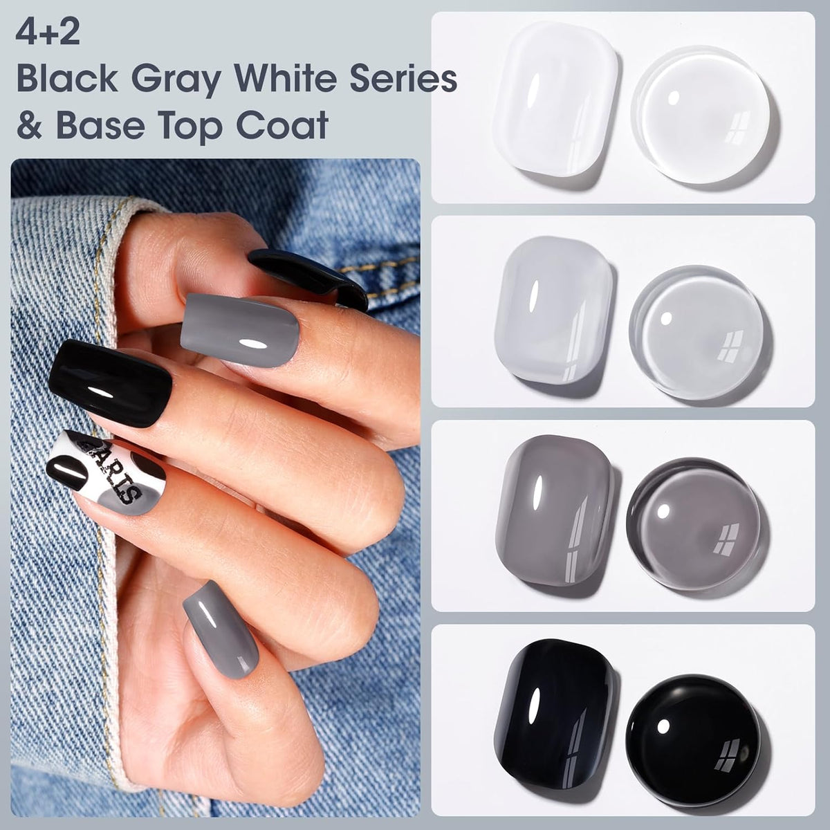 Gellen 4 Colors Black White Gray Nail Polish Set & Base Top Coat, Fall Winter Trendy Winter Black