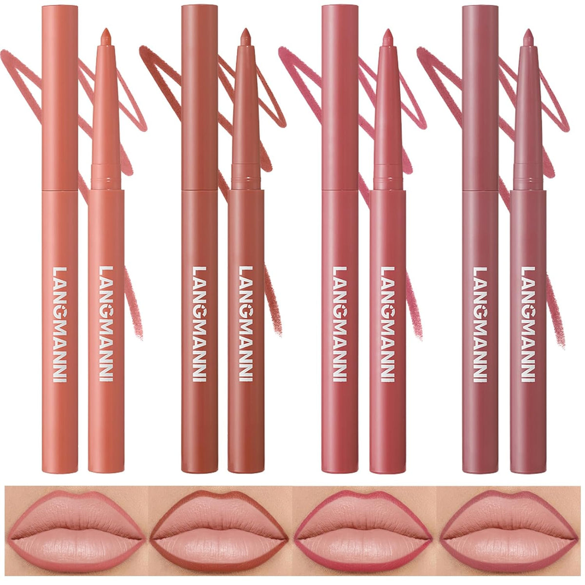LANGMANNI 4Pcs Sculpting Matte Velvet Lip Liner Set,Smooth Creamy Texture,Waterproof And High