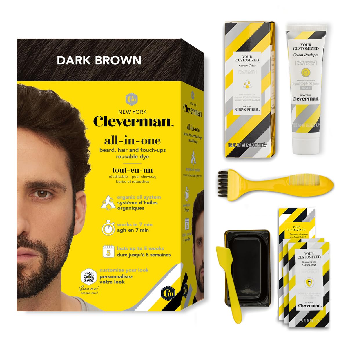 Cleverman Dark Brown Hair & Beard Dye Kit for Men - Natural-Looking Gray Coverage