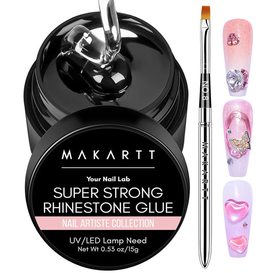 Makartt Rhinestone Glue for Nails, 15ml Clear Nail Gem Adhesive with Brush Kit for 3D DIY