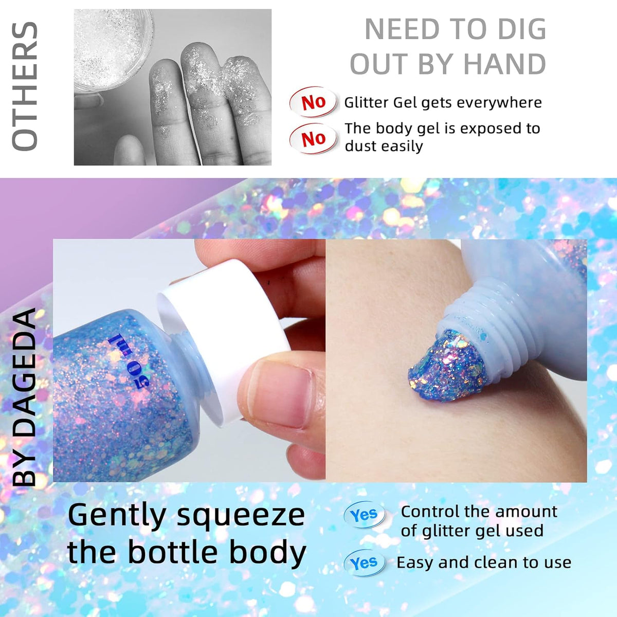 DAGEDA Body Glitter Gel, Face Glitters Body Gel Sequins Shimmer Liquid Eyeshadow, Chunky Glitter
