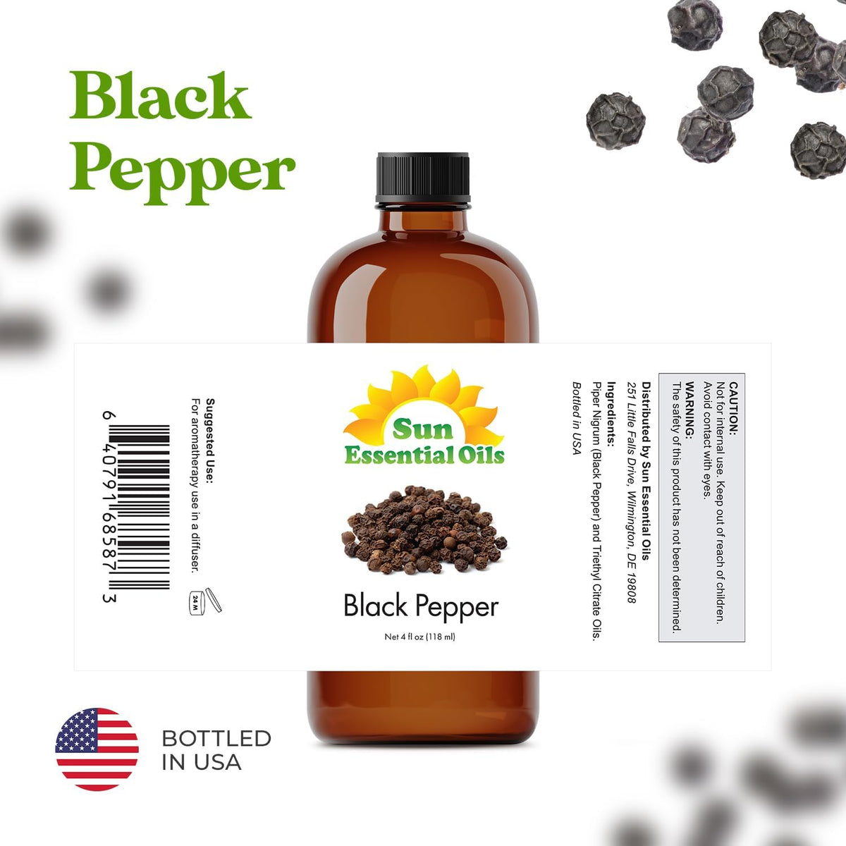 Sun Essential Oils - Black Pepper 4oz Bottle for Diffuser, Humidifier, Aromatherapy, Self and Home