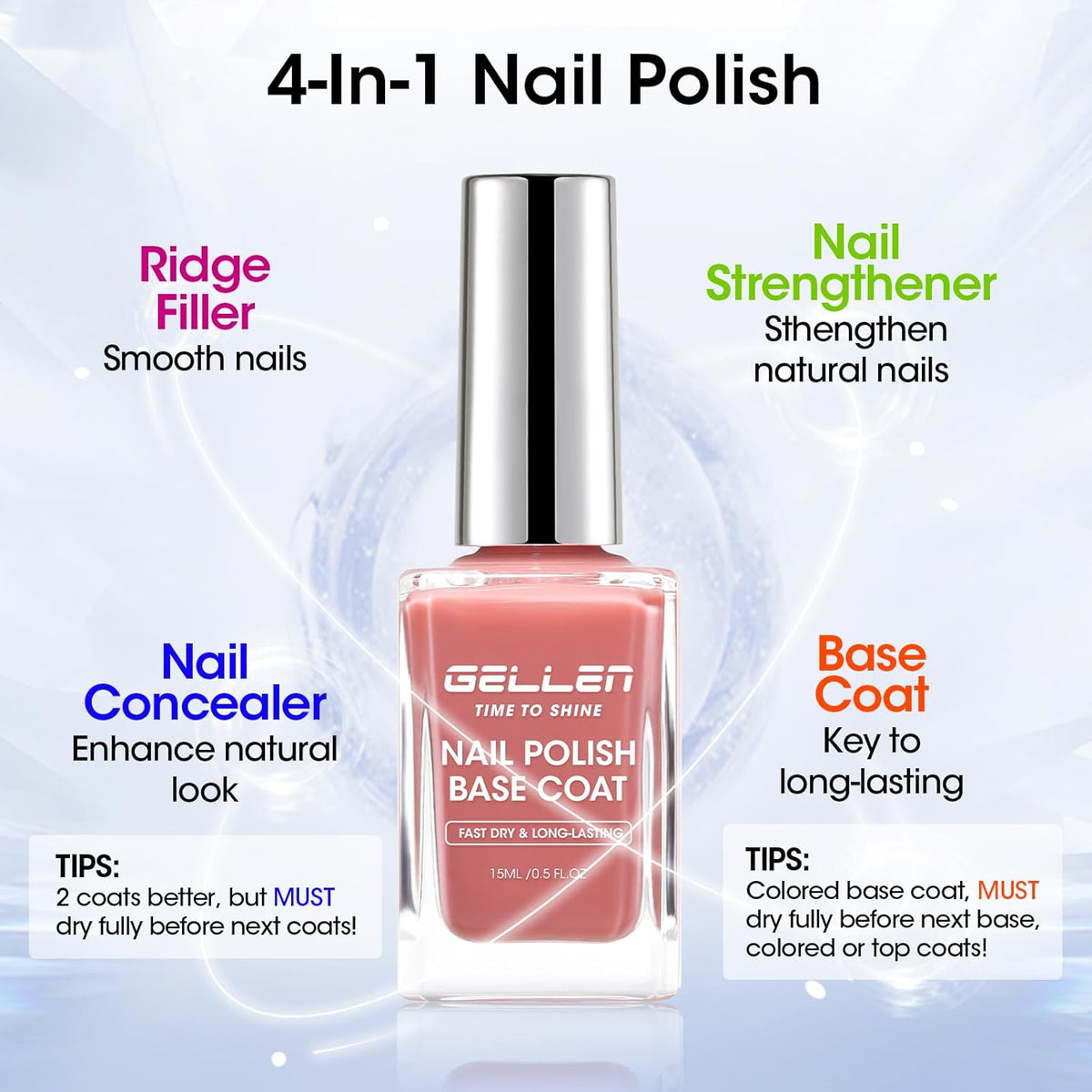 GELLEN 4-In-1 Illuminating Nail Concealer Base Coat Polish Dusty Rose Pink, Sheer Nail Strengthener