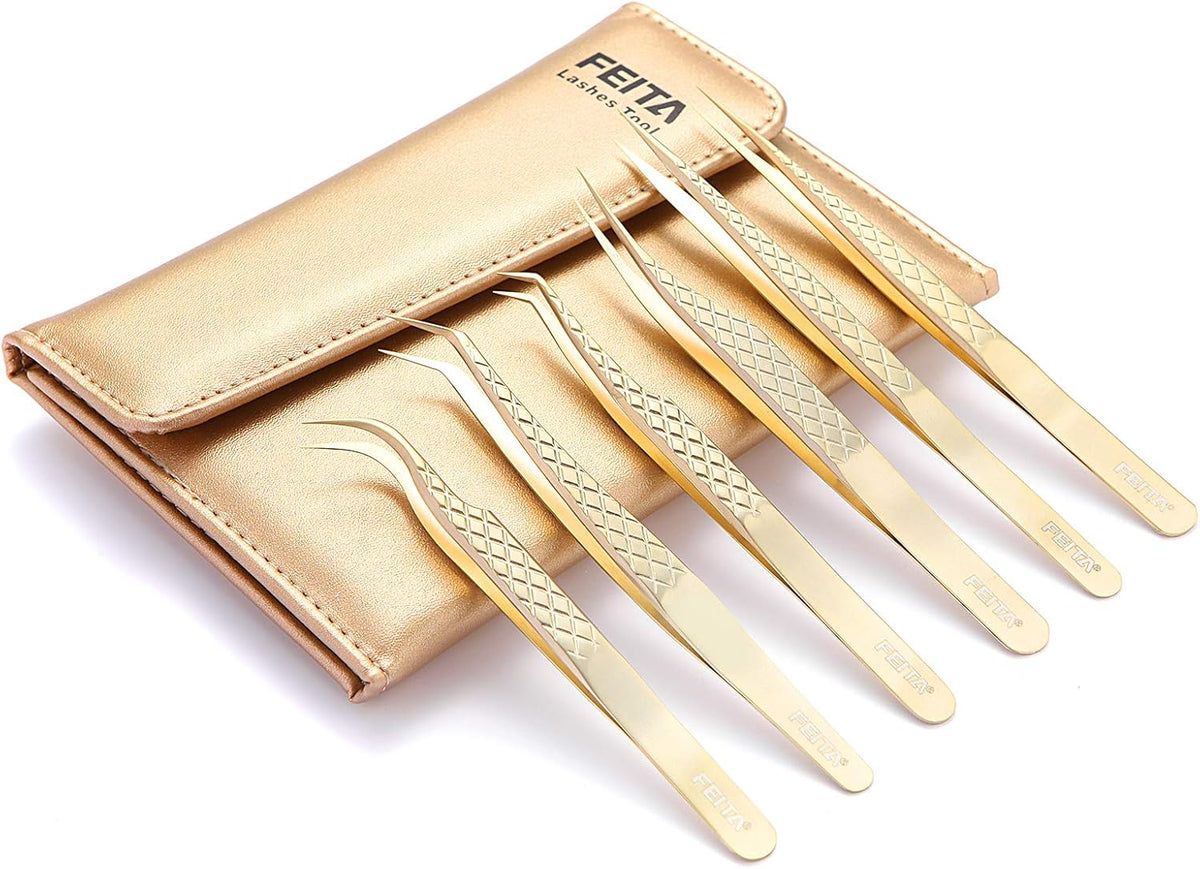 FEITA Eyelash Extension Tweezer Set Gold Lash Applicator Tool - Precision Lashes Diamond Grip